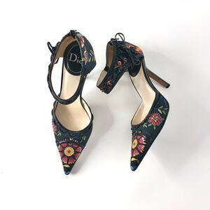 Vintage Dior SS 2002 Floral Print Bow Detail Pointed Toe High Heel Pumps 38